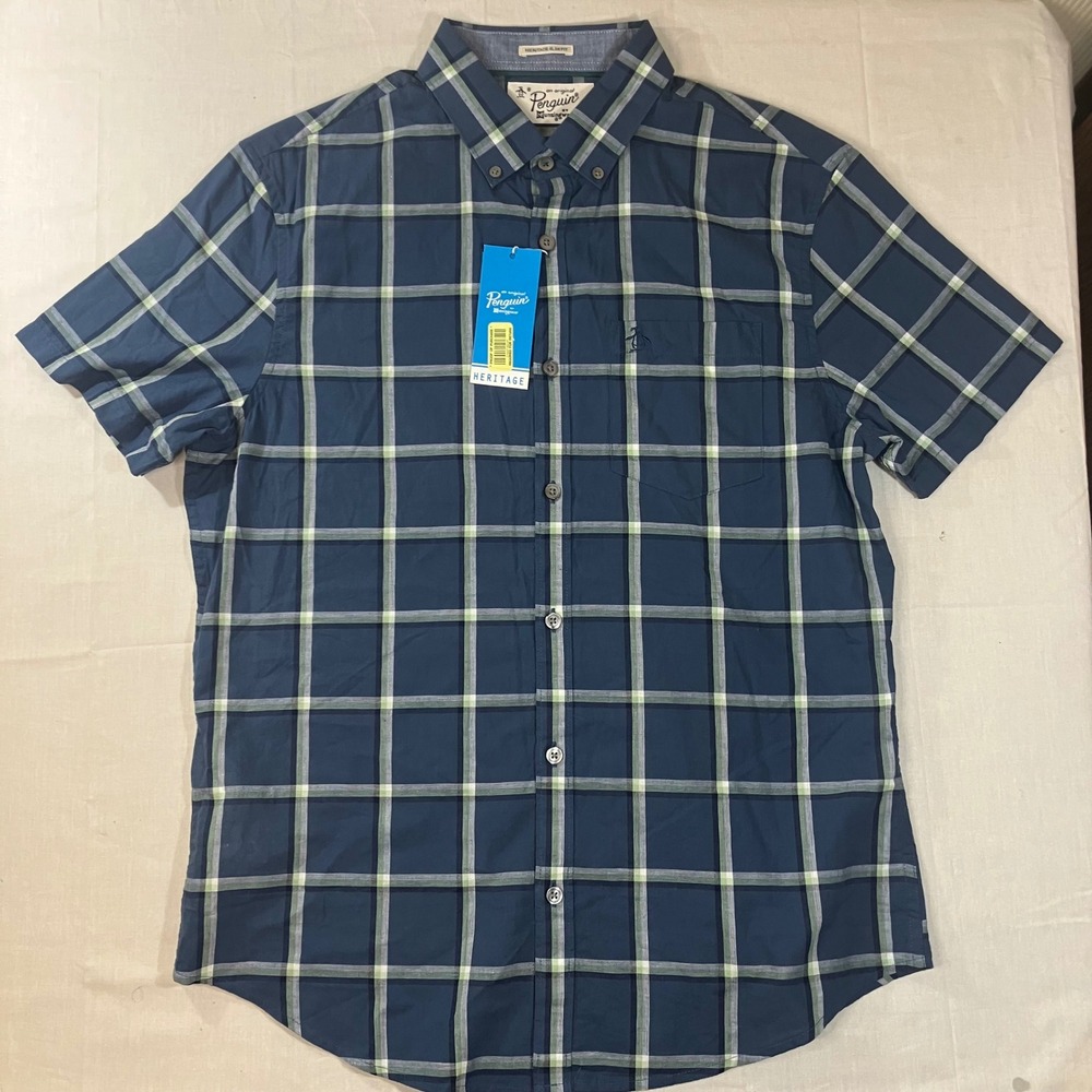 Original Penguin Mens Heritage Slim Fit Plaid Short Sleeve Shirt Blue OPWS6228OP